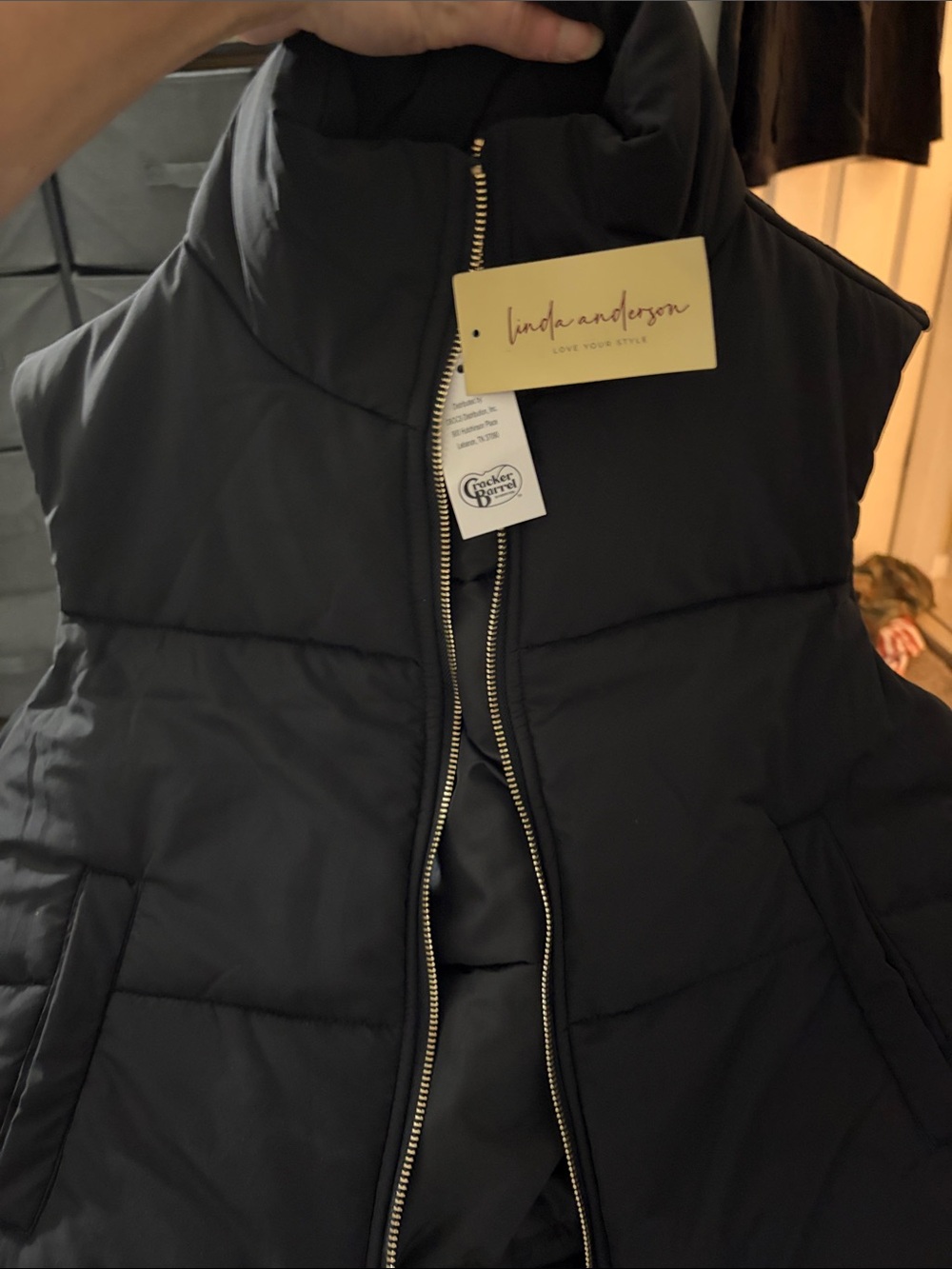 Linda Anderson Black Quilted Puffer Vest with Gold Zipper